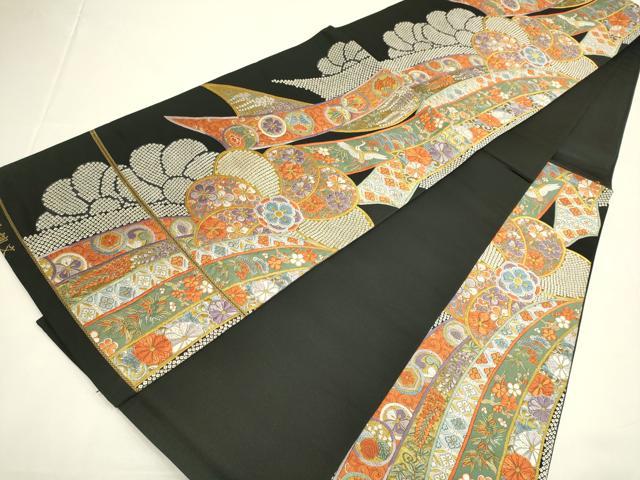 平和屋着物●六通柄袋帯　唐織　慶長絢爛文　黒地　金糸　正絹　逸品　DABD2234du