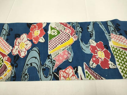 平和屋着物●九寸名古屋帯　紬地　型染　重ね山流水文　椿　正絹　逸品　DABD2245du