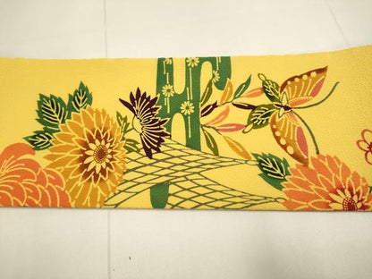 平和屋着物●全通柄九寸名古屋帯　型染　飛鶴花蝶文　鬼しぼ縮緬　正絹　逸品　DABD2246du