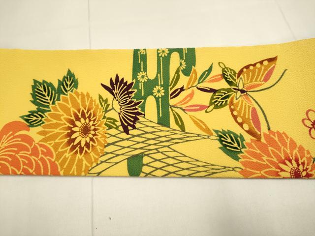 平和屋着物●全通柄九寸名古屋帯　型染　飛鶴花蝶文　鬼しぼ縮緬　正絹　逸品　DABD2246du
