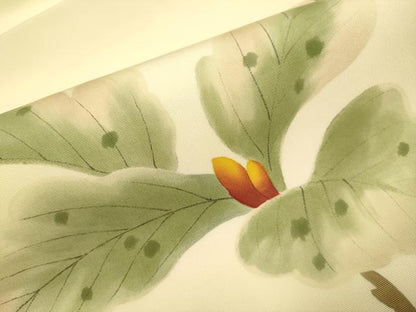 平和屋着物●塩瀬　九寸名古屋帯　手描き　枝花文　正絹　逸品　DABD2254du