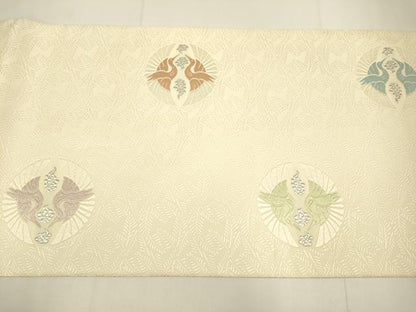 平和屋着物●六通柄袋帯　唐織　松菱に鶴の丸文様　祝絹　銀糸　正絹　逸品　DABD2261du
