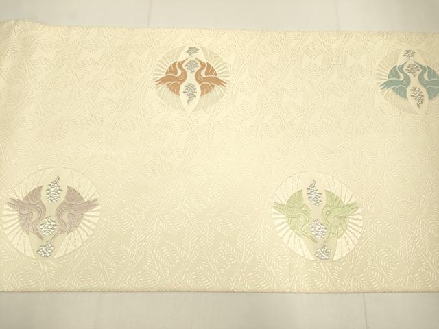 平和屋着物●六通柄袋帯　唐織　松菱に鶴の丸文様　祝絹　銀糸　正絹　逸品　DABD2261du