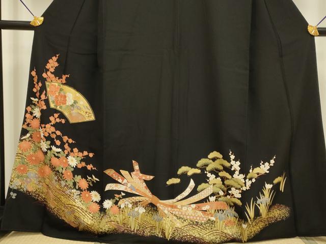 平和屋着物■豪華黒留袖 駒刺繍 束ね熨斗吉祥地紙花文 金彩 正絹 逸品 DABD2272du