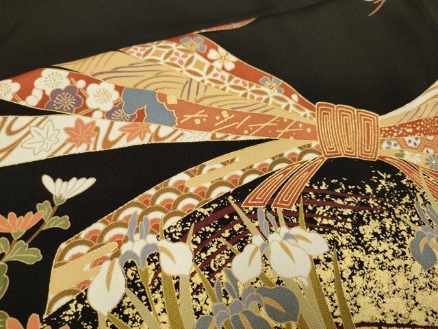 平和屋着物■豪華黒留袖 駒刺繍 束ね熨斗吉祥地紙花文 金彩 正絹 逸品 DABD2272du