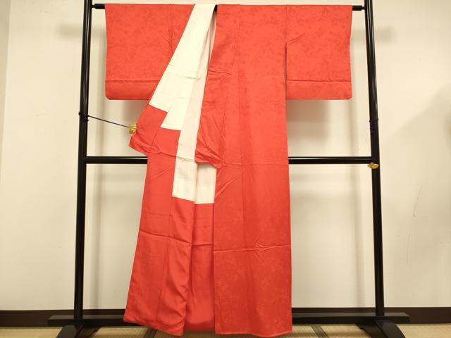 平和屋着物■上質な色無地 枝花地紋 紅緋色 正絹 逸品 DABD2519du