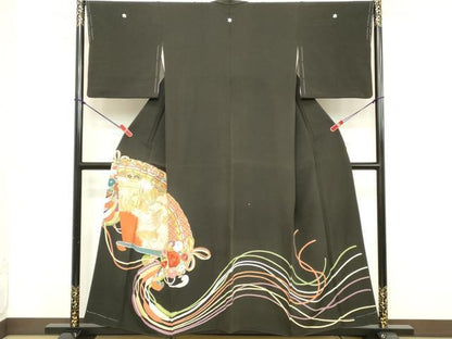 平和屋着物■豪華黒留袖 駒刺繍 扇面鳳凰花文 金彩 正絹 逸品 DABD2539cd