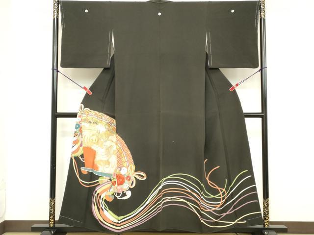 平和屋着物■豪華黒留袖 駒刺繍 扇面鳳凰花文 金彩 正絹 逸品 DABD2539cd