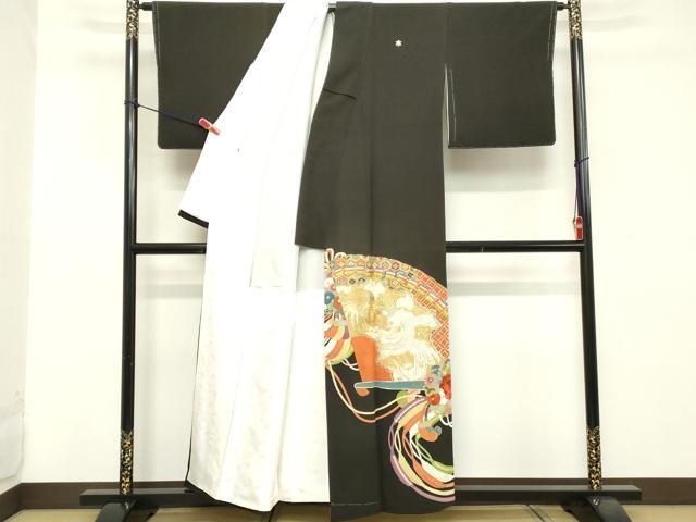 平和屋着物■豪華黒留袖 駒刺繍 扇面鳳凰花文 金彩 正絹 逸品 DABD2539cd