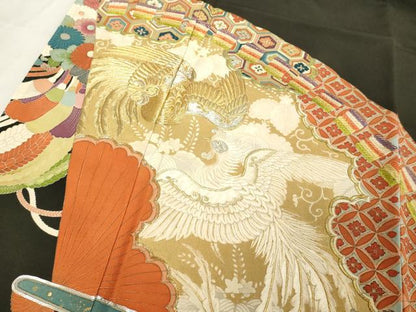 平和屋着物■豪華黒留袖 駒刺繍 扇面鳳凰花文 金彩 正絹 逸品 DABD2539cd