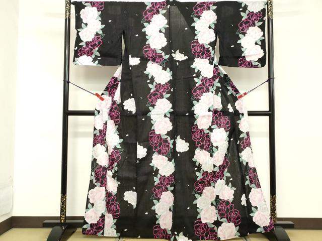 平和屋着物∴夏物 浴衣 花繋ぎ 黒地 綿 逸品 DABD2620cd