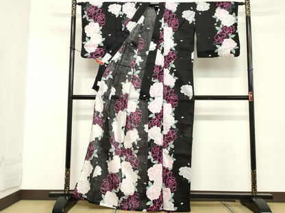 平和屋着物∴夏物 浴衣 花繋ぎ 黒地 綿 逸品 DABD2620cd