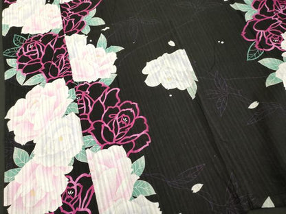 平和屋着物∴夏物 浴衣 花繋ぎ 黒地 綿 逸品 DABD2620cd