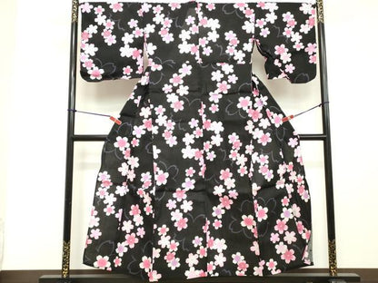 平和屋着物∴夏物 浴衣 舞桜文 黒地 綿 逸品 DABD2627cd