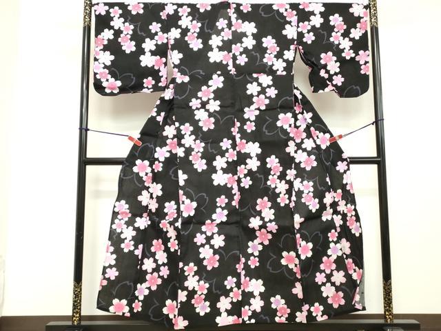 平和屋着物∴夏物 浴衣 舞桜文 黒地 綿 逸品 DABD2627cd