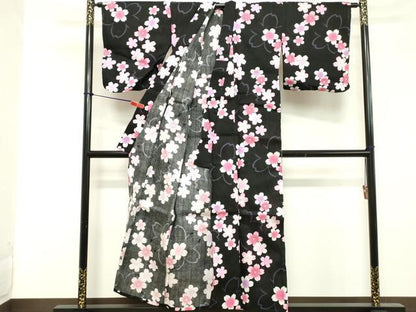 平和屋着物∴夏物 浴衣 舞桜文 黒地 綿 逸品 DABD2627cd