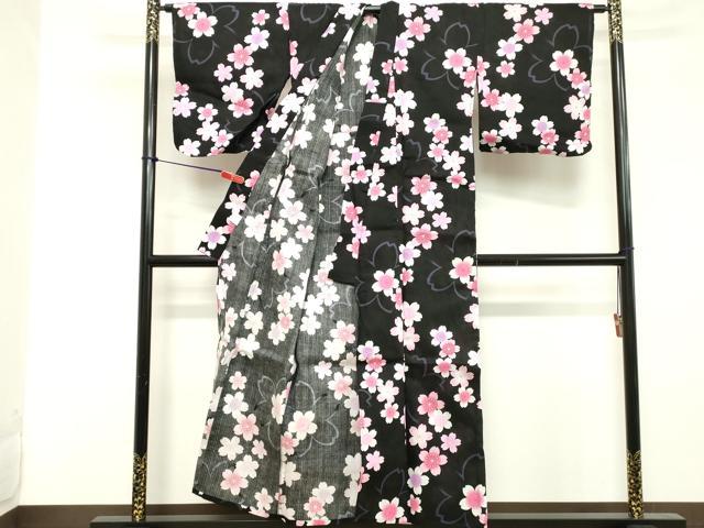 平和屋着物∴夏物 浴衣 舞桜文 黒地 綿 逸品 DABD2627cd