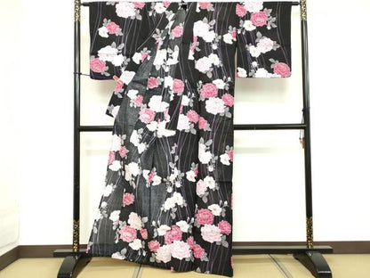 平和屋着物∴夏物 浴衣 草花文 黒地 金彩 綿 逸品 DABD2628cd
