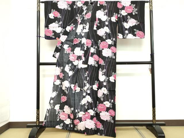 平和屋着物∴夏物 浴衣 草花文 黒地 金彩 綿 逸品 DABD2628cd