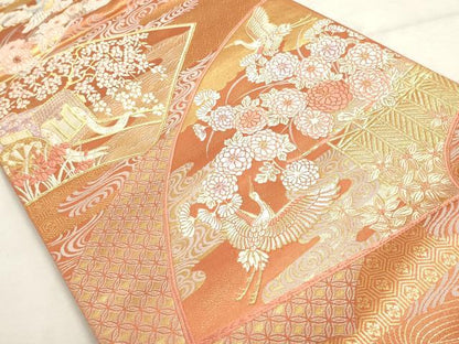 平和屋着物◎六通柄袋帯　有職扇面ちらし　金糸　正絹　逸品　DABD2769cd