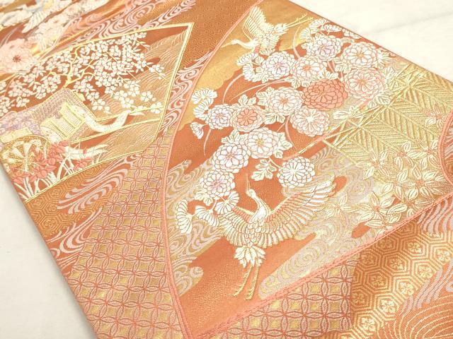 平和屋着物◎六通柄袋帯　有職扇面ちらし　金糸　正絹　逸品　DABD2769cd