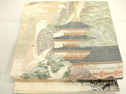 平和屋着物◎六通柄袋帯　唐織　古都錦秋飛鶴文　金糸　正絹　逸品　DABD2782cd
