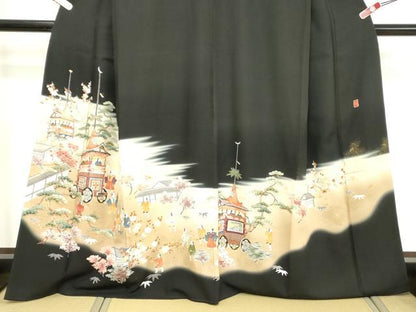平和屋着物■豪華黒留袖 作家物 人物風景文 鉾 暈し染め 金糸 金彩 正絹 逸品 DABD2843cd
