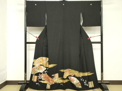 平和屋着物■豪華黒留袖 駒刺繍 地紙花文 金彩 正絹 逸品 DABD2844cd