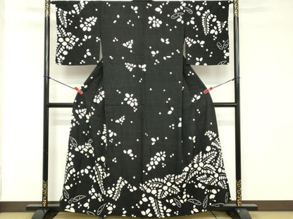 平和屋着物▽訪問着　単衣　紬地　絞り　草花文　黒地　正絹　逸品　DABD2885cd