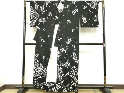 平和屋着物▽訪問着　単衣　紬地　絞り　草花文　黒地　正絹　逸品　DABD2885cd