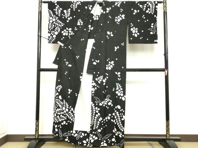 平和屋着物▽訪問着　単衣　紬地　絞り　草花文　黒地　正絹　逸品　DABD2885cd