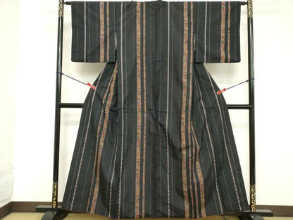 平和屋着物■上質な紬 吉祥間道 黒地 銀糸 正絹 逸品 DABD2916cd