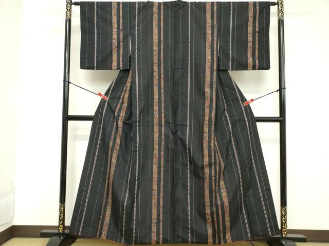 平和屋着物■上質な紬 吉祥間道 黒地 銀糸 正絹 逸品 DABD2916cd