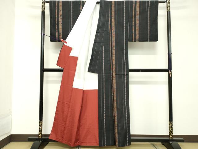 平和屋着物■上質な紬 吉祥間道 黒地 銀糸 正絹 逸品 DABD2916cd