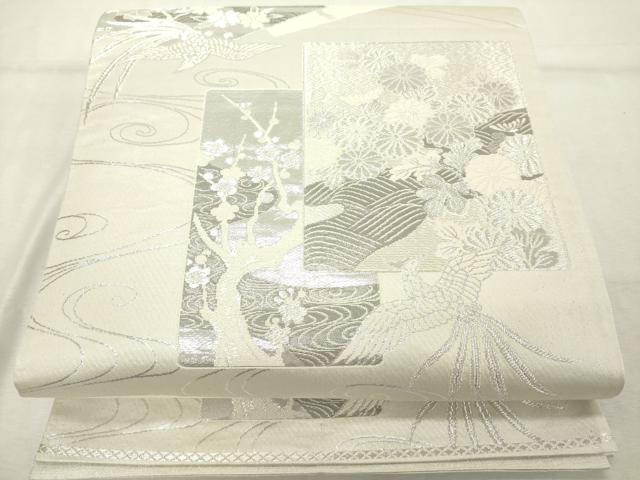平和屋着物◎六通柄袋帯　地紙花蝶文　プラチナ銀箔二重織　正絹　逸品　DABD2949cd