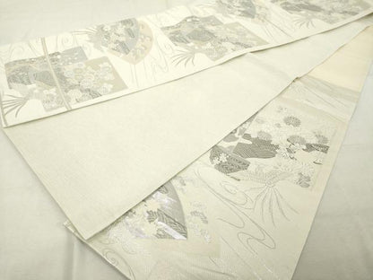 平和屋着物◎六通柄袋帯　地紙花蝶文　プラチナ銀箔二重織　正絹　逸品　DABD2949cd