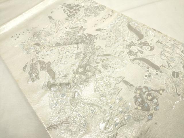 平和屋着物◎西陣 京の名門 じゅらく謹製 太鼓柄袋帯 三十六歌仙屏風図 銀糸 証紙付き 正絹 逸品 DABD2954cd