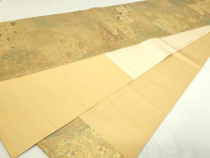 平和屋着物▼六通柄袋帯　色紙更紗花文　青銅金唐織　正絹　逸品　DABD3021sf