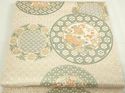 平和屋着物▼六通柄 本袋帯 草花丸文 金更紗 正絹 逸品 DABD3057sf