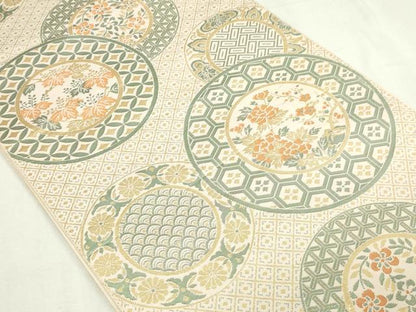 平和屋着物▼六通柄 本袋帯 草花丸文 金更紗 正絹 逸品 DABD3057sf