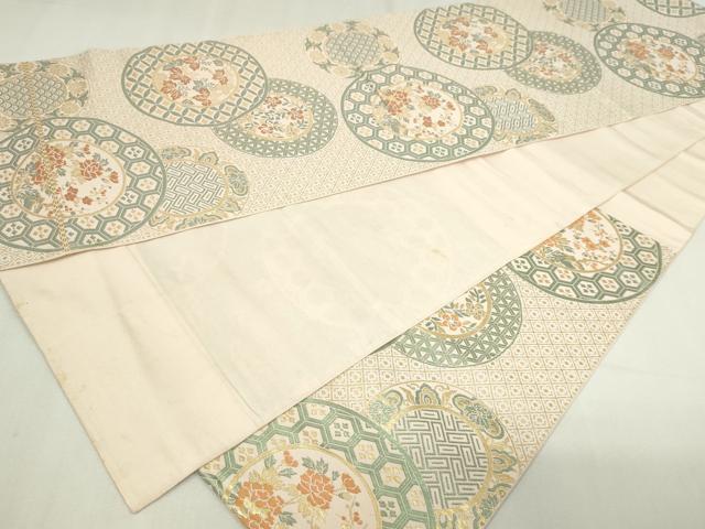 平和屋着物▼六通柄 本袋帯 草花丸文 金更紗 正絹 逸品 DABD3057sf
