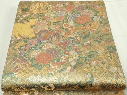 平和屋本店▼六通柄袋帯　瑞雲彫箔　本金重ね箔　正絹　24ｋ　逸品　DABD3293sf