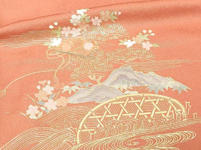 平和屋着物▽訪問着　単衣　風景文　正絹　逸品　AABC3940fy 平和屋着物▽訪問着 単衣 紬地 型染め 藤花房 正絹 逸品 AAAW1370fy