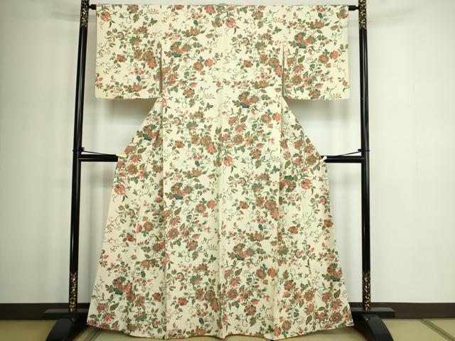 平和屋着物■上質な小紋 型染め 更紗花文 正絹 逸品 DABD3372sf