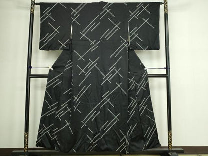 平和屋着物■上質な小紋 絞り 幾何学文 黒地 正絹 逸品 DABD3374sf