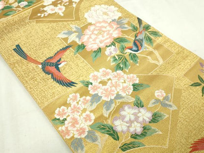 平和屋本店▼六通柄袋帯　唐織　地紙花鳥文　本金二重箔　正絹　24ｋ　逸品　DABD3383sf