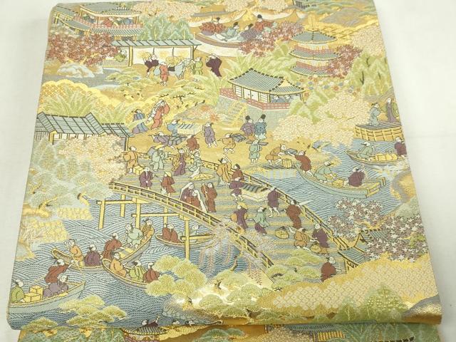 平和屋本店▼六通柄袋帯　人物風景文　本金二重箔　正絹　24ｋ　逸品　DABD3388sf