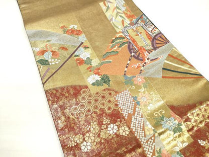 平和屋着物◎太鼓柄袋帯　唐織　桃山慶長の美　扇面色紙御車紋　金糸　正絹　逸品　DABD3527xg