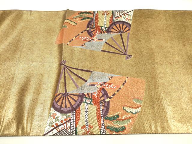 平和屋着物◎太鼓柄袋帯　唐織　桃山慶長の美　扇面色紙御車紋　金糸　正絹　逸品　DABD3527xg