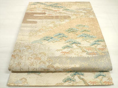 平和屋着物◎西陣　服部織物謹製　六通柄袋帯　唐織　エ霞　遠山花松文　金糸　正絹　逸品　DABD3538xg